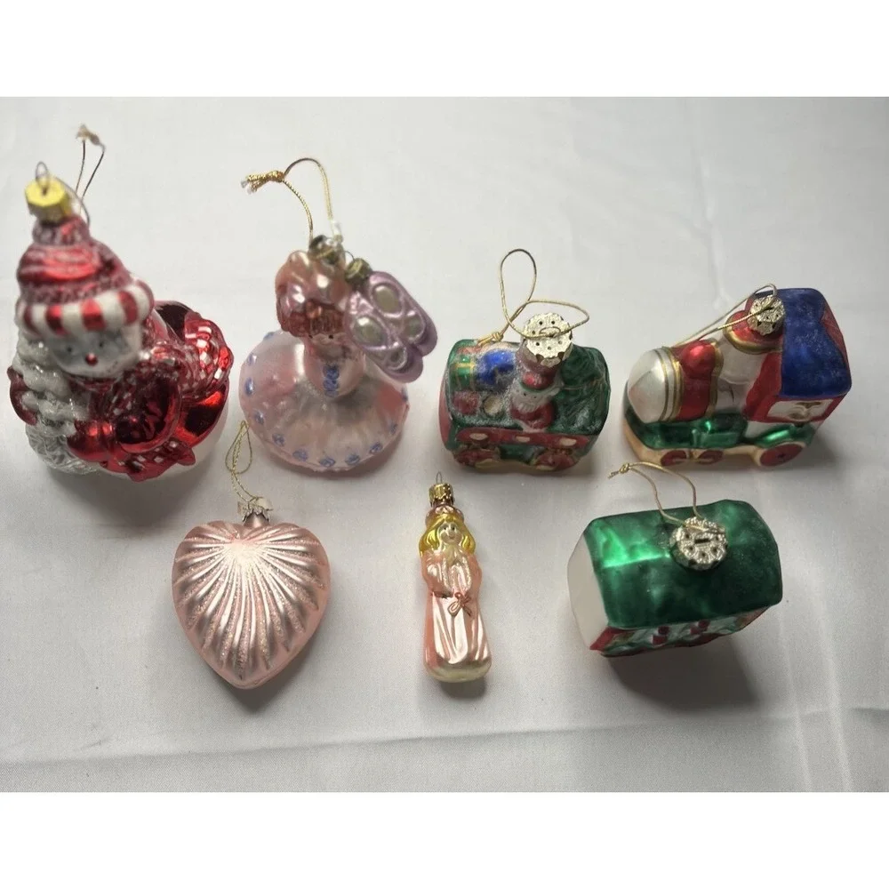Lot 7 Shatterproof Plastic Christmas Ornaments Train Snowman Pink Retro Style